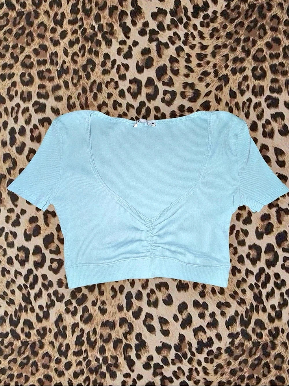 Zara Ribbed Ruched Crop Top Blue Size Medium